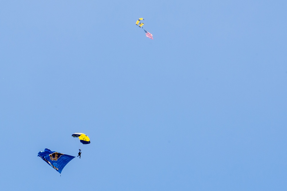 U.S. Navy Parachute Team, the Leap Frogs, Conduct a Demonstration Jump at the Memphis Museum of Science and History during Navy Week Memphis.
