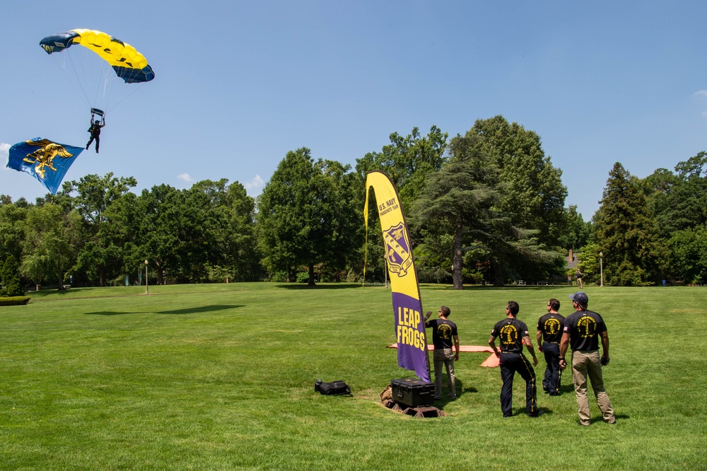 U.S. Navy Parachute Team, the Leap Frogs, Conduct a Demonstration Jump at the Memphis Museum of Science and History during Navy Week Memphis.