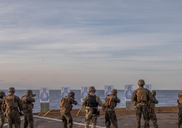 U.S. Marines conduct a range while underway aboard the USS Carter Hall