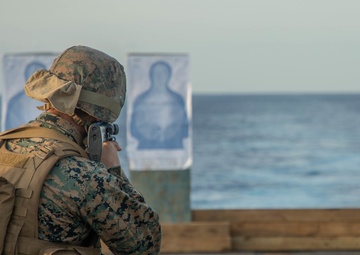 U.S. Marines conduct a range while underway aboard the USS Carter Hall