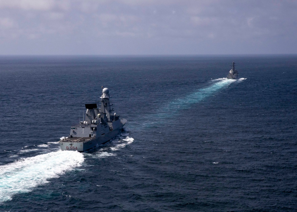 The George H.W. Bush Carrier Strike Group (GHWBCSG) Performs a Training Exercise with Italian Navy Destroyer ITS Caio Duilio (D 554)