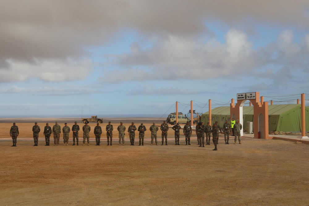 Distinguished guests from U.S. military greet U.S. and Moroccan military members outside Cap Draa during African Lion 22 at Tan Tan, Morocco