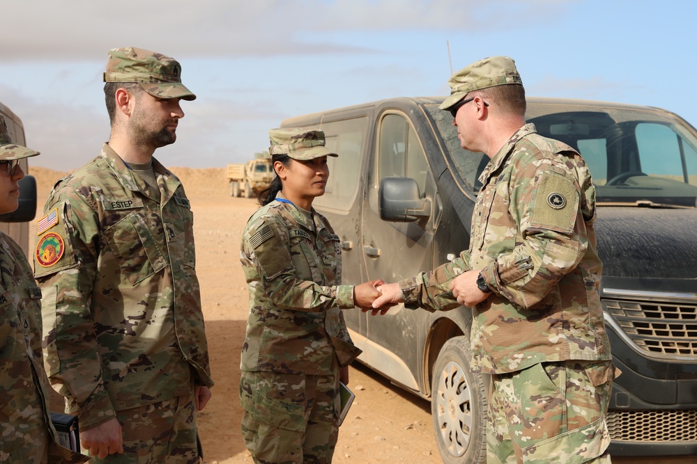 Distinguished guests from U.S. military greet U.S. and Moroccan military members outside Cap Draa during African Lion 22 at Tan Tan, Morocco