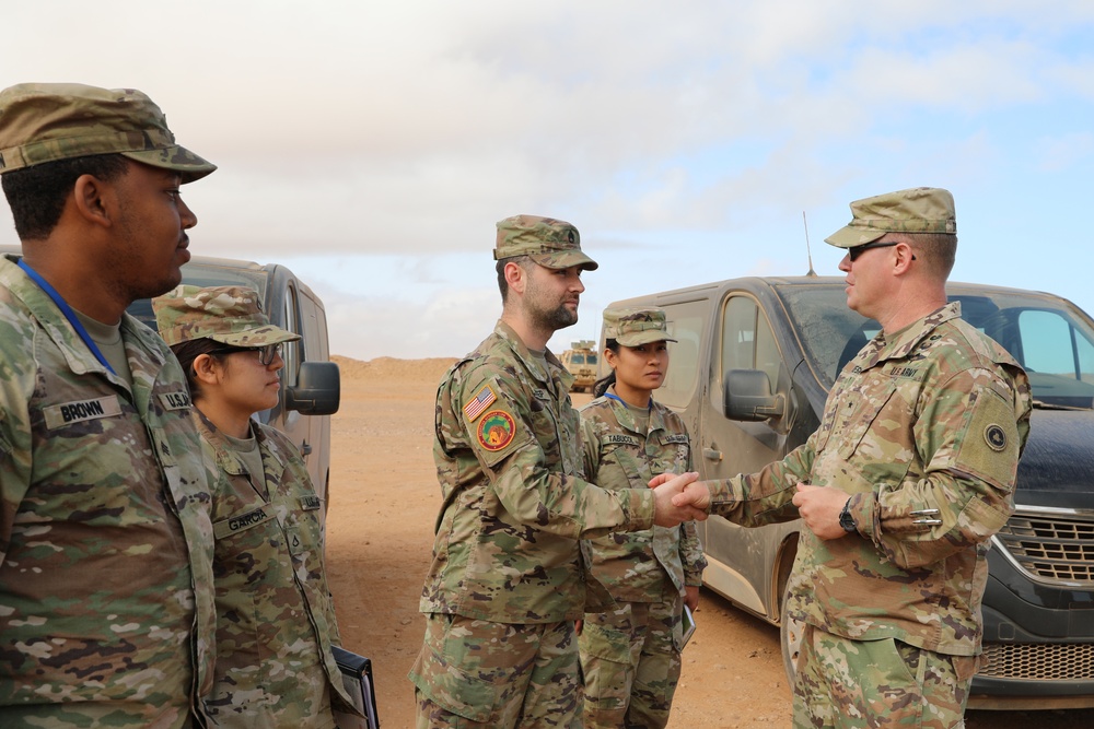 Distinguished guests from U.S. military greet U.S. and Moroccan military members outside Cap Draa during African Lion 22 at Tan Tan, Morocco