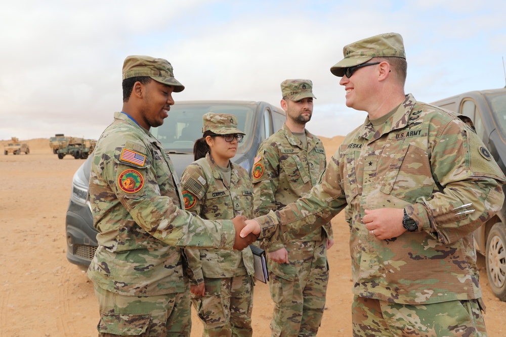 Distinguished guests from U.S. military greet U.S. and Moroccan military members outside Cap Draa during African Lion 22 at Tan Tan, Morocco