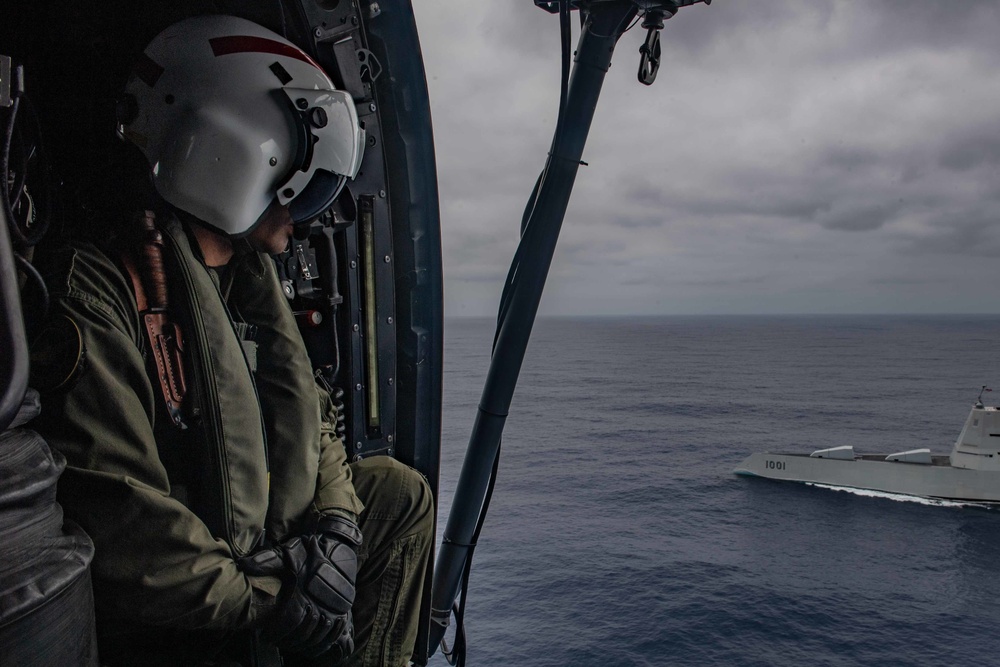 Chilean Helicopter prepares to land on board USS Micheal Monsoor