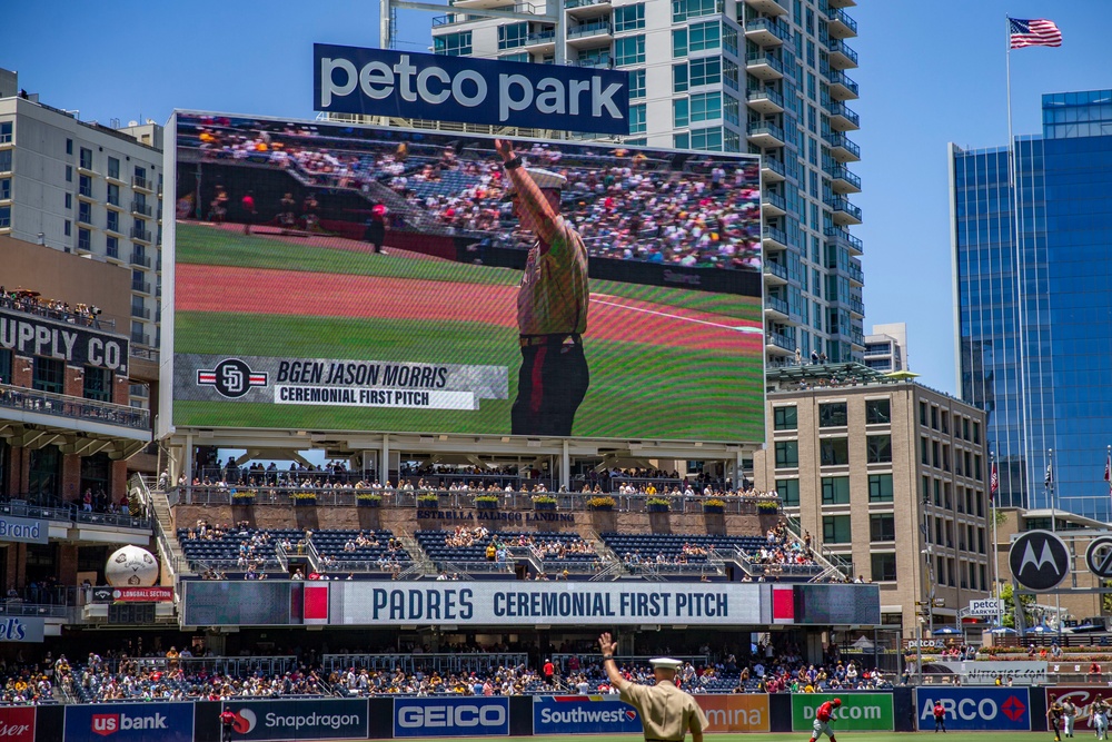 Commanding General of MCRD San Diego Throws the First Pitch at Padres Game