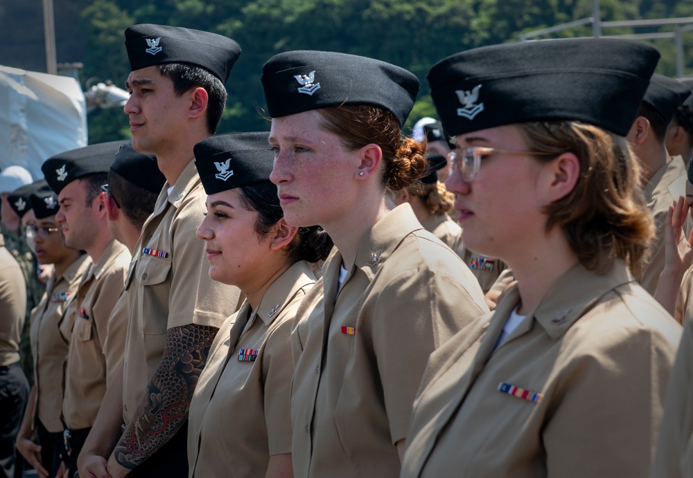 USS Blue Ridge Commanding Officer Frocks Promoting Sailors