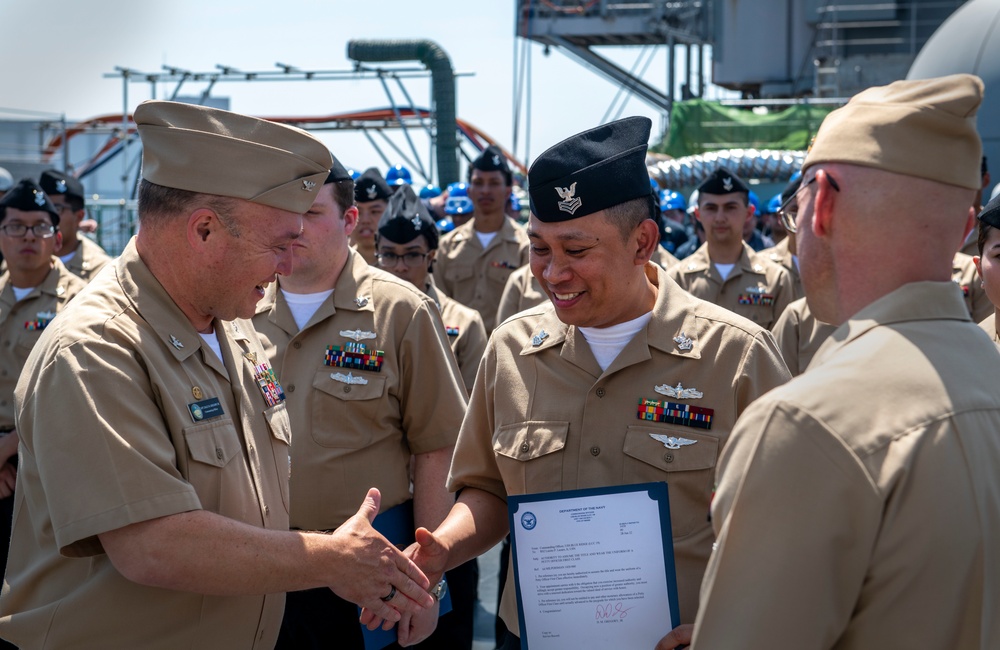 USS Blue Ridge Commanding Officer Frocks Promoting Sailors