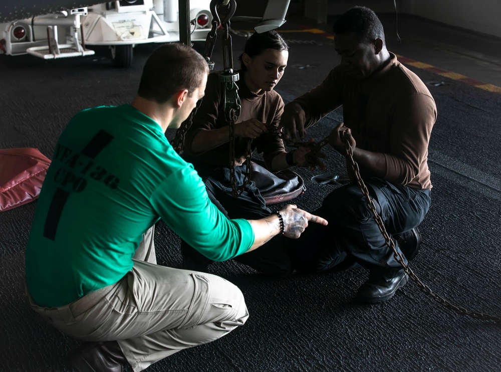 Strike Fighter Squadron (VFA) 136 Sailors Chain an Aircraft Aboard USS George H.W. Bush (CVN 77)