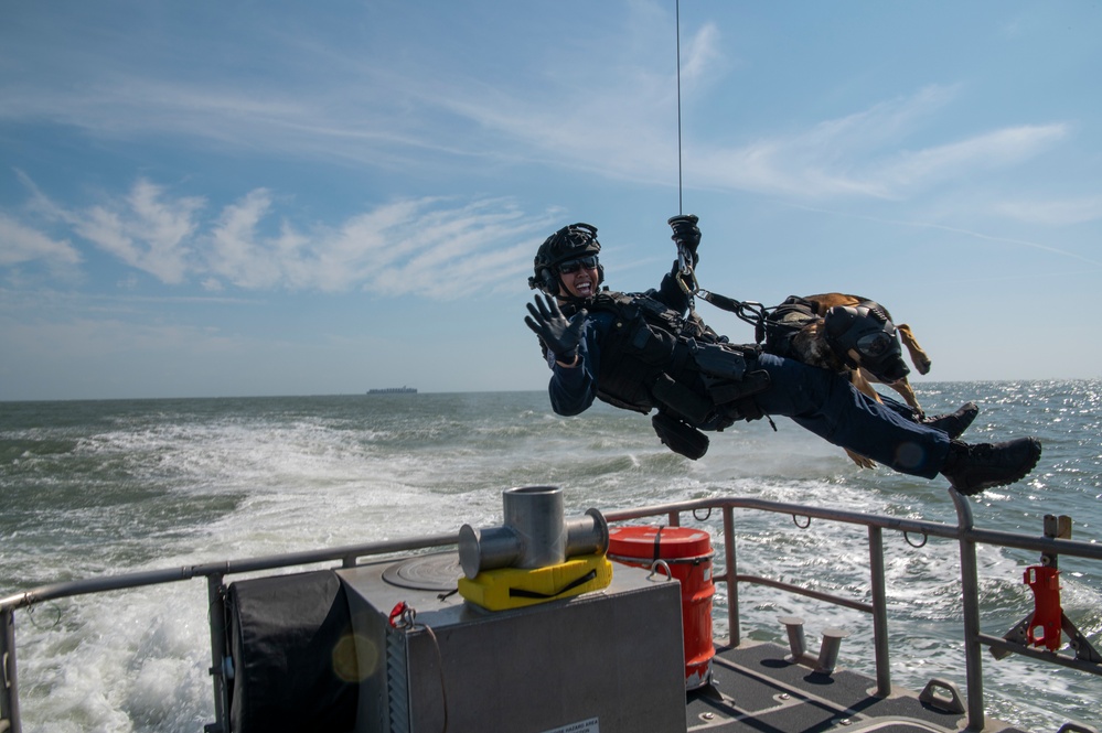 Coast Guard K9 Simba Helicopter to Boat Hoist