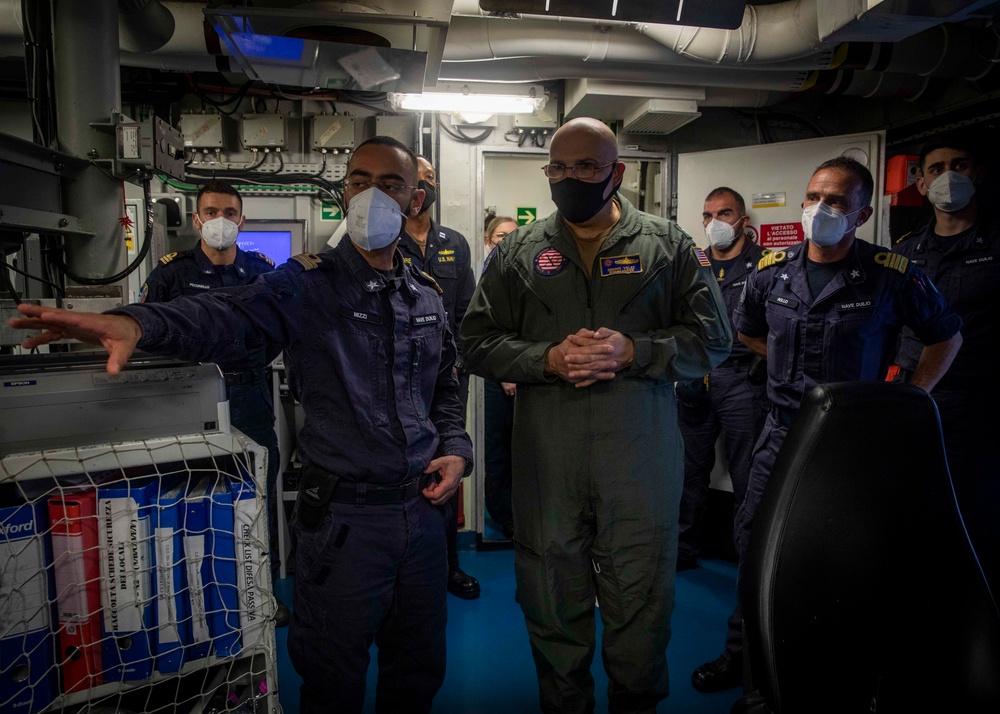 Rear Adm. Dennis Velez, commander, Carrier Strike Group (CSG) 10 Visits Italian Navy Destroyer ITS Caio Duilio (D 554)