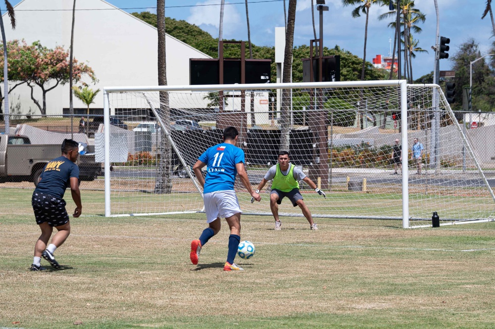 USS Chafee and CNS Almirante Sailors compete in a RIMPAC 2022 soccer match USS Chafee and CNS Almirante Sailors compete in a RIMPAC 2022 soccer match