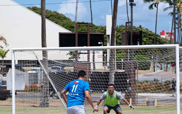 USS Chafee and CNS Almirante Sailors compete in a RIMPAC 2022 soccer match