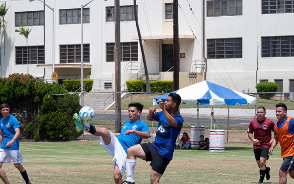 USS Chafee and CNS Almirante Sailors compete in a RIMPAC 2022 soccer match