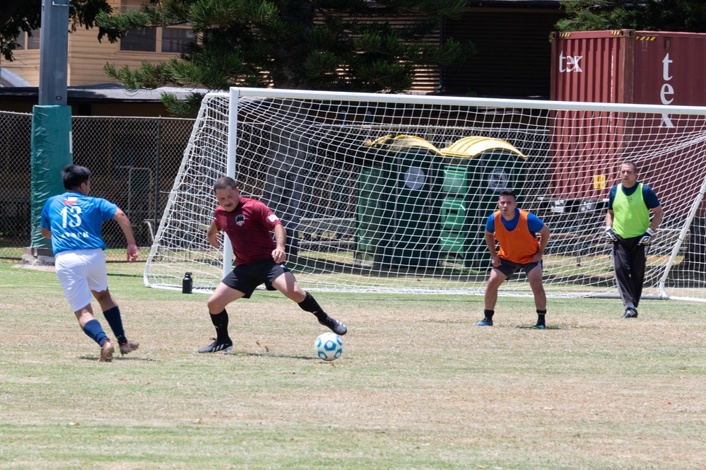 USS Chafee and CNS Almirante Sailors compete in a RIMPAC 2022 soccer match USS Chafee and CNS Almirante Sailors compete in a RIMPAC 2022 soccer match
