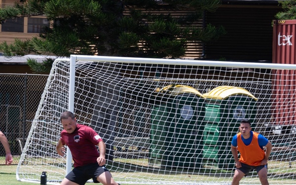 USS Chafee and CNS Almirante Sailors compete in a RIMPAC 2022 soccer match
