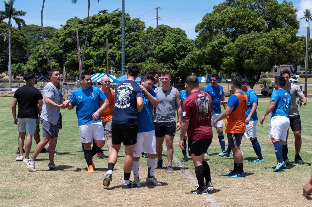 USS Chafee and CNS Almirante Sailors compete in a RIMPAC 2022 soccer match USS Chafee and CNS Almirante Sailors compete in a RIMPAC 2022 soccer match