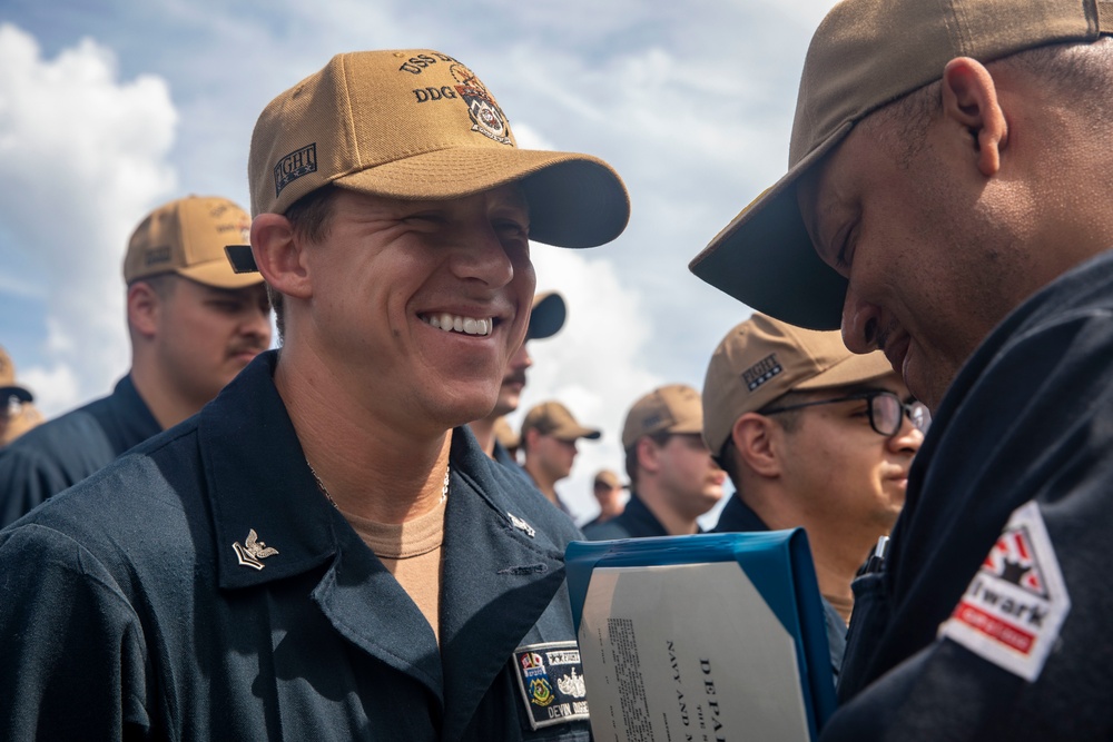 Sailors Aboard USS Dewey (DDG 105) Conduct Awards Quarters