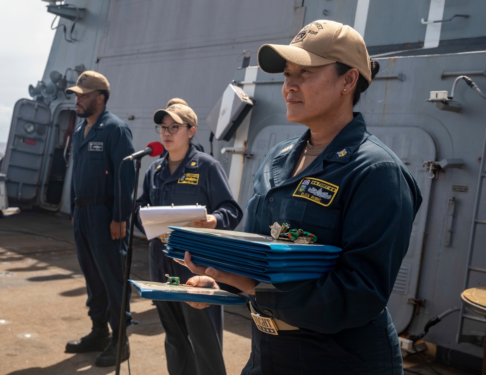 Sailors Aboard USS Dewey (DDG 105) Conduct Awards Quarters