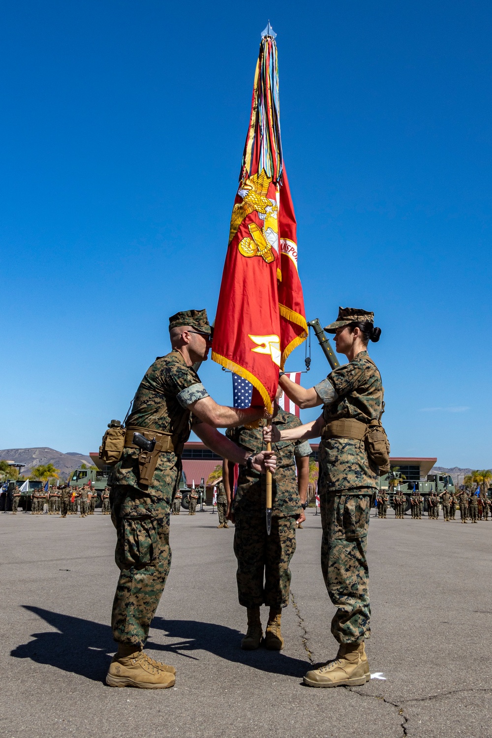 U.S. Marines with 1st Transportation Battalion conduct a change of command ceremony