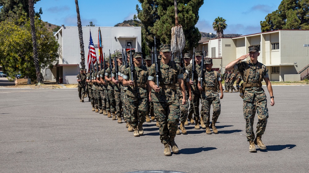 U.S. Marines with 1st Transportation Battalion conduct a change of command ceremony