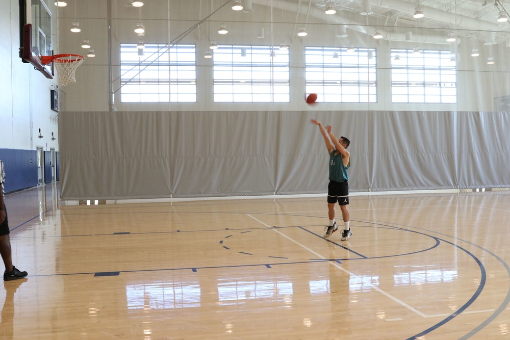 U.S. Navy Sailors from Abraham Lincoln, Chafee participate in a basketball game during RIMPAC 2022