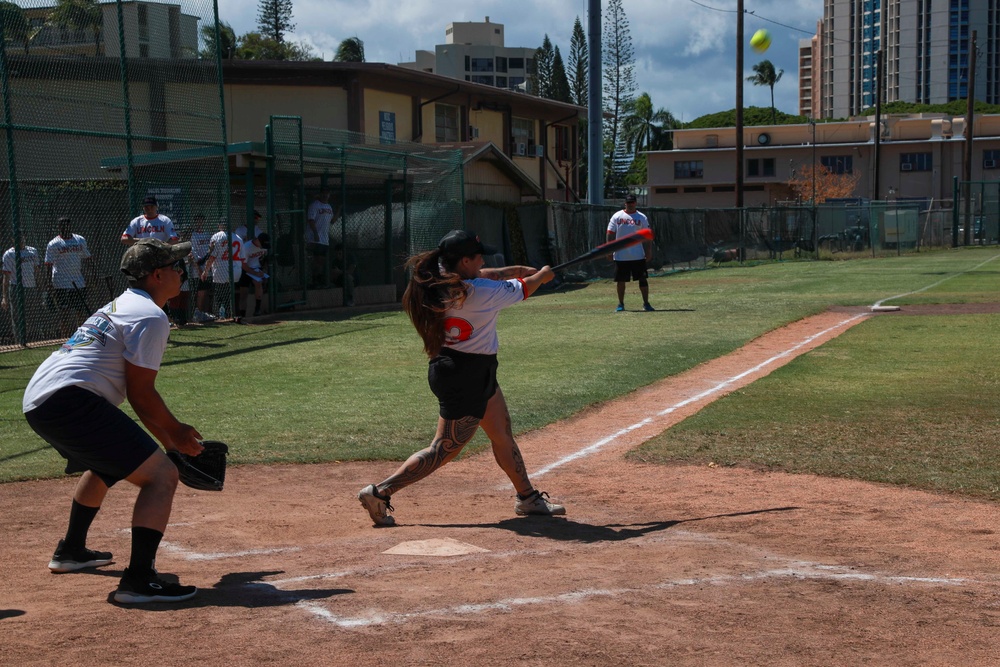 U.S. Navy Sailors from Abraham Lincoln, Gridley participate in a softball game during RIMPAC 2022