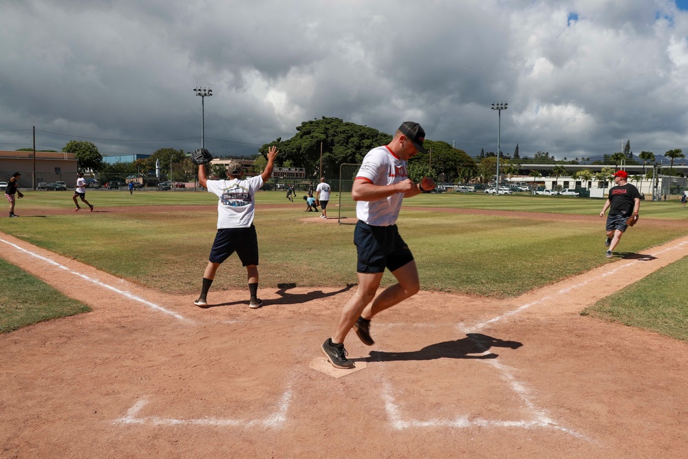 U.S. Navy Sailors from Abraham Lincoln, Gridley participate in a softball game during RIMPAC 2022