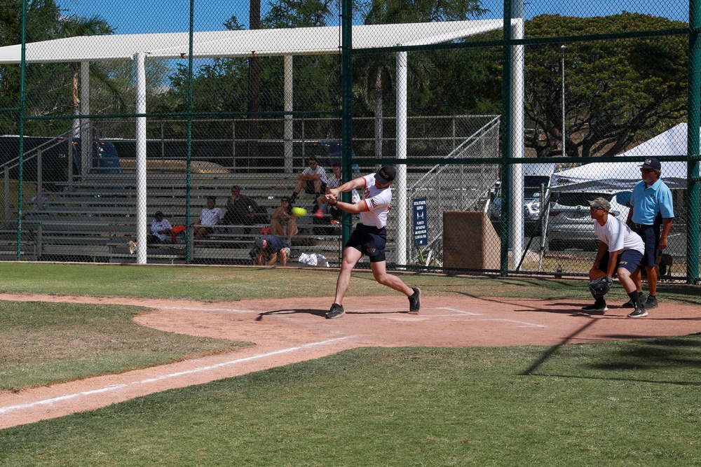 U.S. Navy Sailors from Abraham Lincoln, Gridley participate in a softball game during RIMPAC 2022