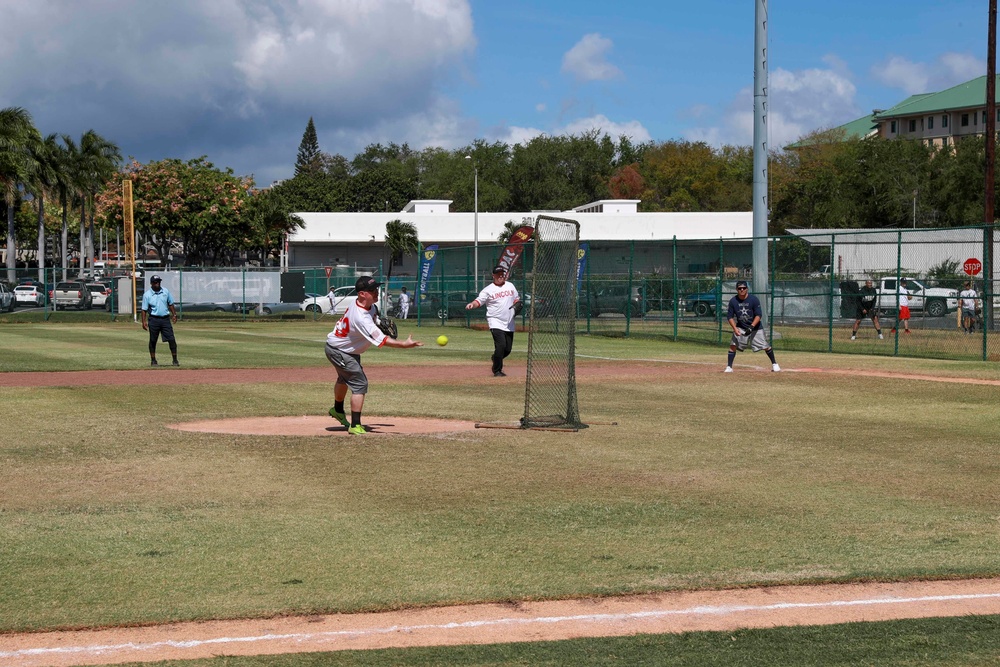 U.S. Navy Sailors from Abraham Lincoln, Gridley participate in a softball game during RIMPAC 2022