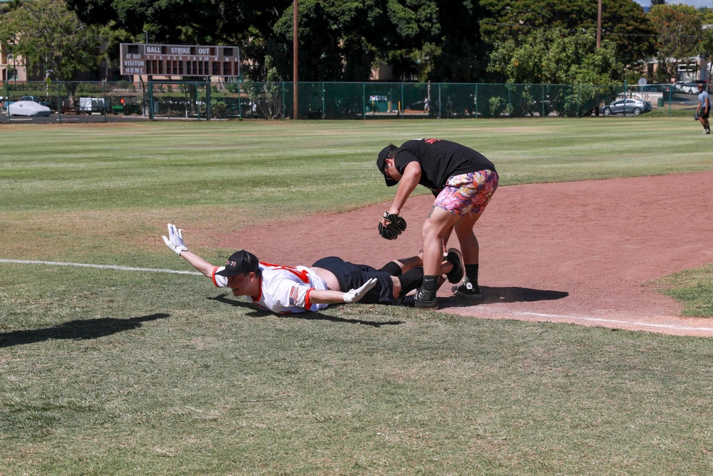 U.S. Navy Sailors from Abraham Lincoln, Gridley participate in a softball game during RIMPAC 2022