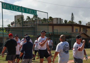 U.S. Navy Sailors from Abraham Lincoln, Gridley participate in a softball game during RIMPAC 2022