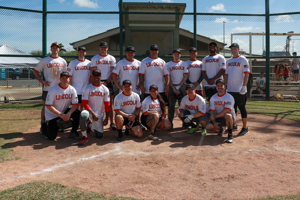 U.S. Navy Sailors from Abraham Lincoln, Gridley participate in a softball game during RIMPAC 2022