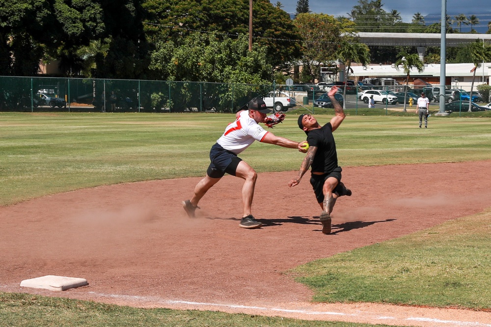 U.S. Navy Sailors from Abraham Lincoln, Gridley participate in a softball game during RIMPAC 2022