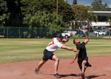 U.S. Navy Sailors from Abraham Lincoln, Gridley participate in a softball game during RIMPAC 2022