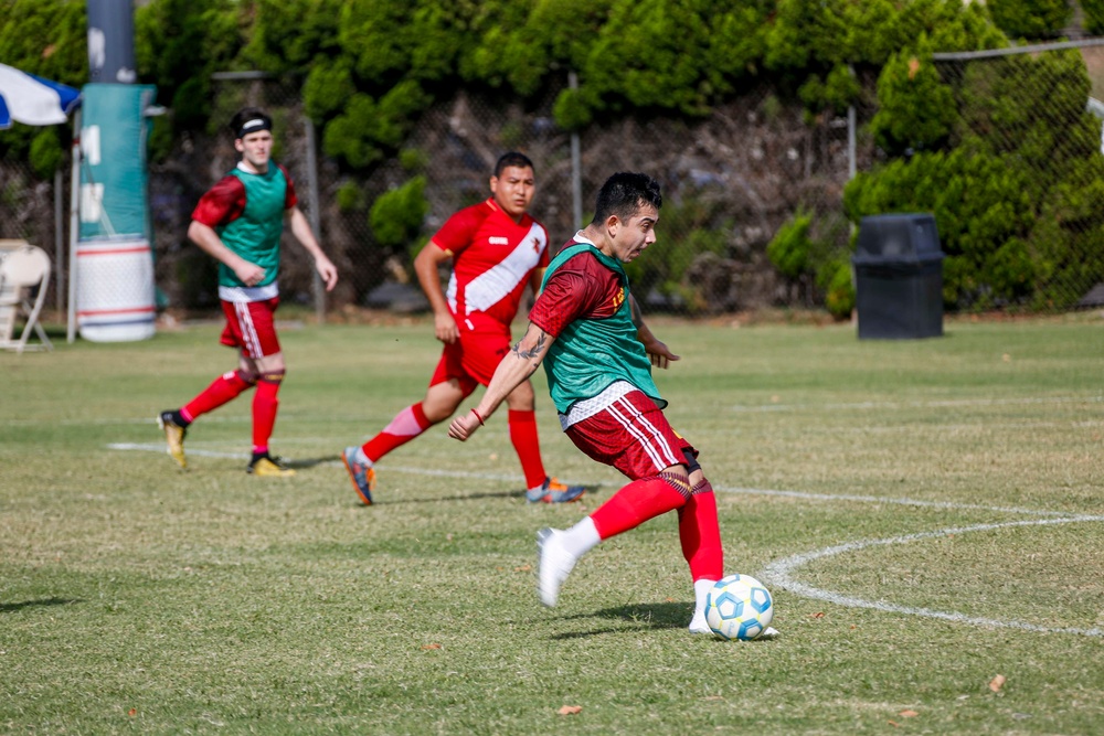 U.S. Navy Sailors from Abraham Lincoln participate in a soccer game against Peruvian sailors during RIMPAC 2022