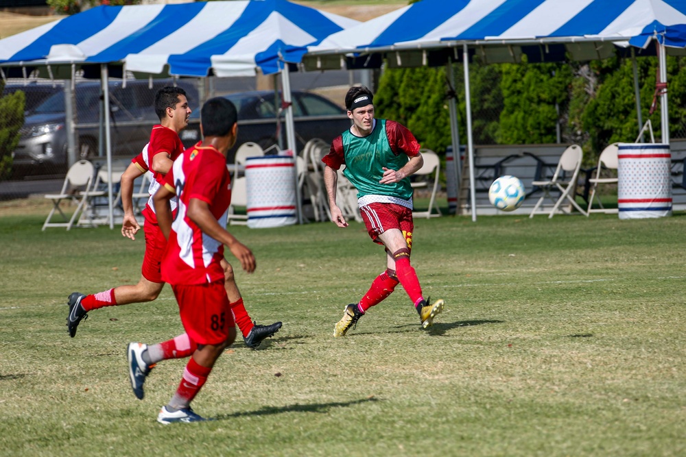 U.S. Navy Sailors from Abraham Lincoln participate in a soccer game against Peruvian sailors during RIMPAC 2022