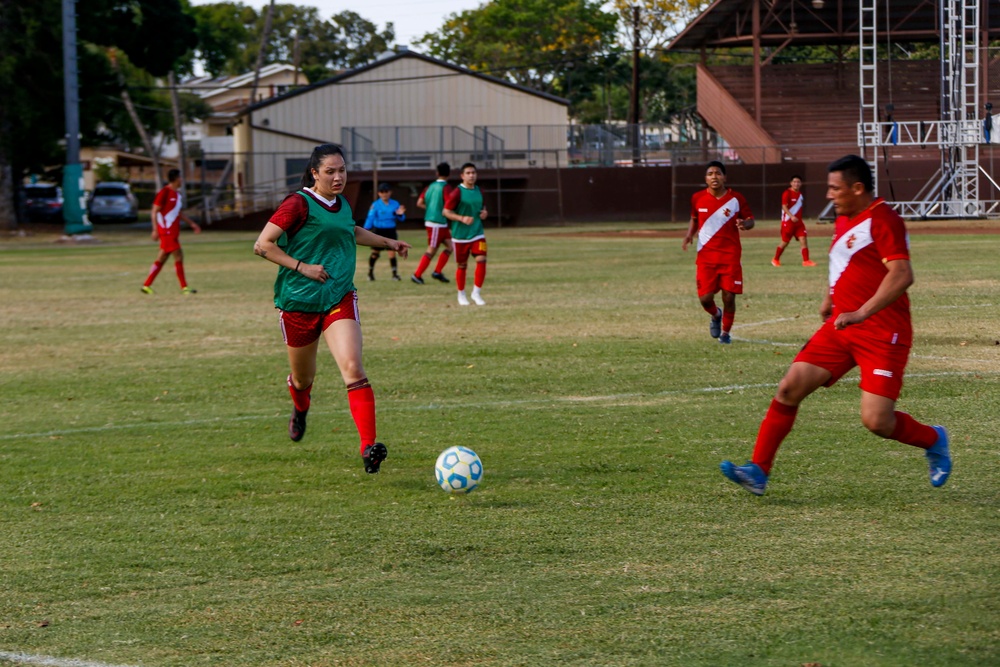 U.S. Navy Sailors from Abraham Lincoln participate in a soccer game against Peruvian sailors during RIMPAC 2022