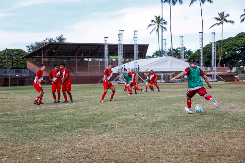 U.S. Navy Sailors from Abraham Lincoln participate in a soccer game against Peruvian sailors during RIMPAC 2022