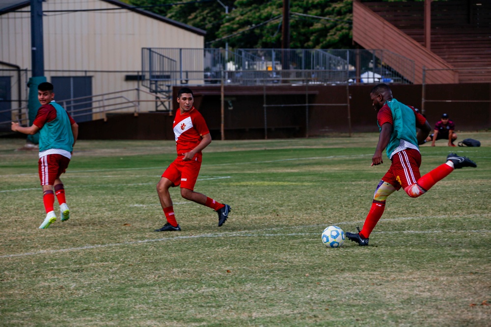 U.S. Navy Sailors from Abraham Lincoln participate in a soccer game against Peruvian sailors during RIMPAC 2022