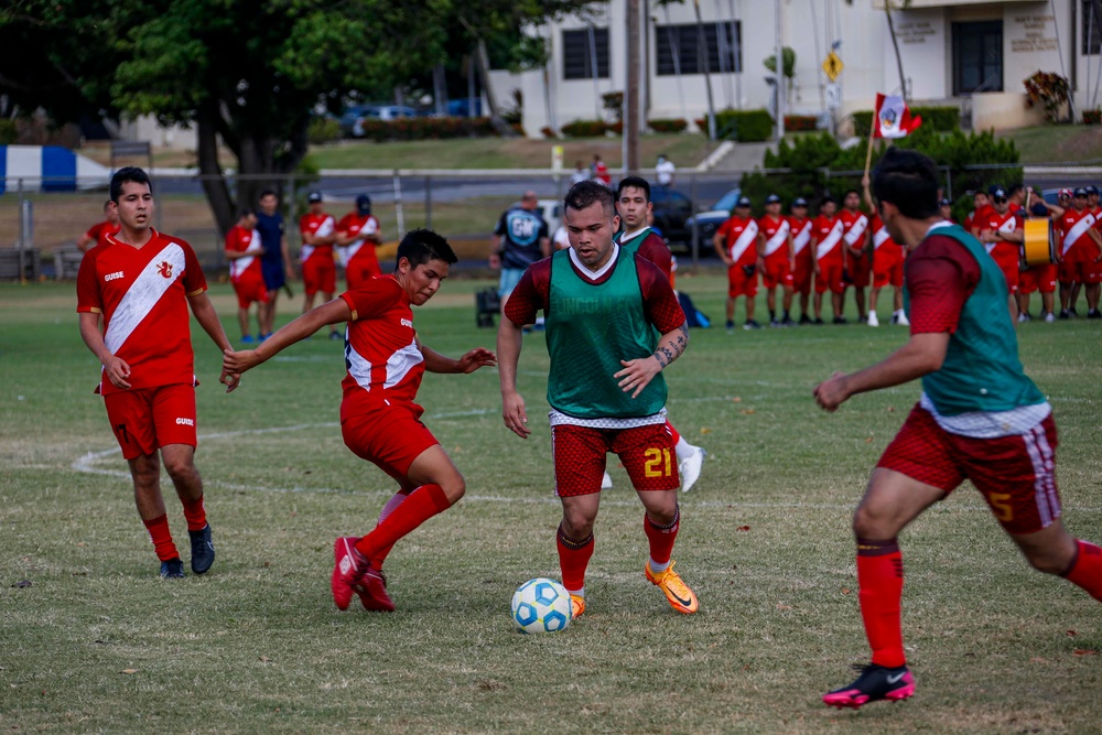 U.S. Navy Sailors from Abraham Lincoln participate in a soccer game against Peruvian sailors during RIMPAC 2022