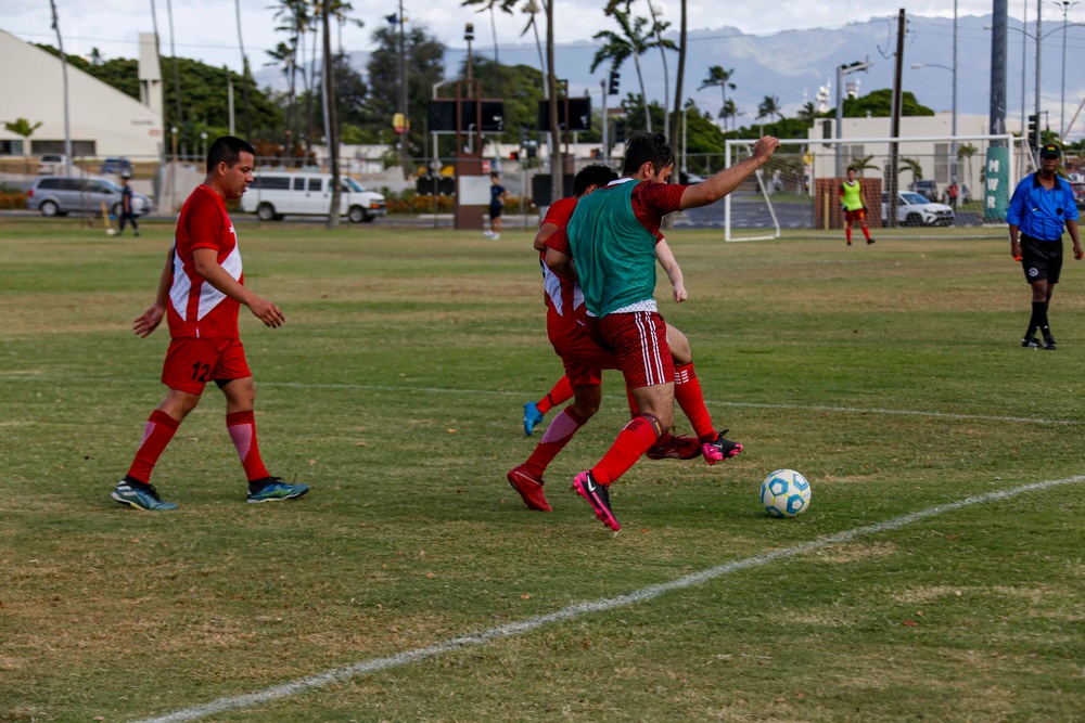 U.S. Navy Sailors from Abraham Lincoln participate in a soccer game against Peruvian sailors during RIMPAC 2022