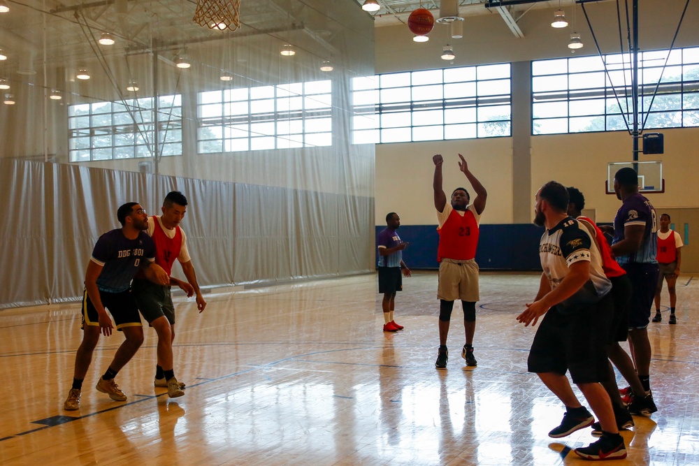 U.S. Navy Sailors from Abraham Lincoln, Michael Monsoor participate in a basketball game during RIMPAC 2022