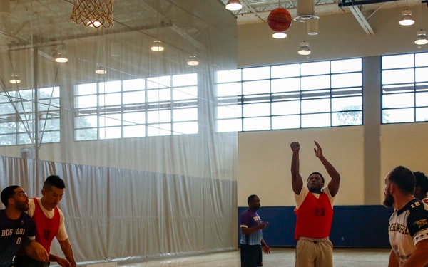 U.S. Navy Sailors from Abraham Lincoln, Michael Monsoor participate in a basketball game during RIMPAC 2022