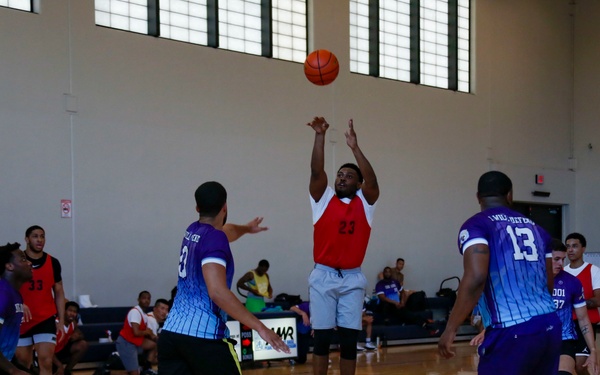 U.S. Navy Sailors from Abraham Lincoln, Michael Monsoor participate in a basketball game during RIMPAC 2022