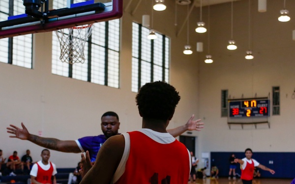 U.S. Navy Sailors from Abraham Lincoln, Michael Monsoor participate in a basketball game during RIMPAC 2022
