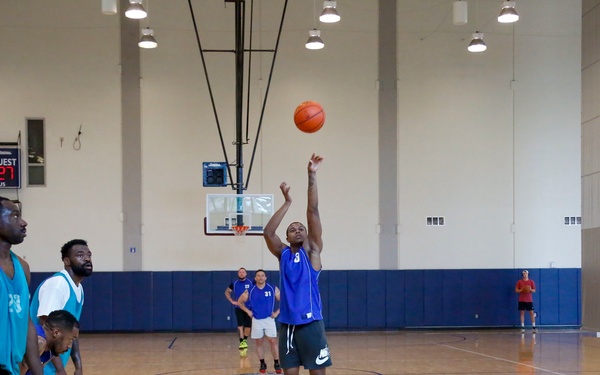U.S. Navy Sailors from Abraham Lincoln, Gridley participate in a basketball game during RIMPAC 2022