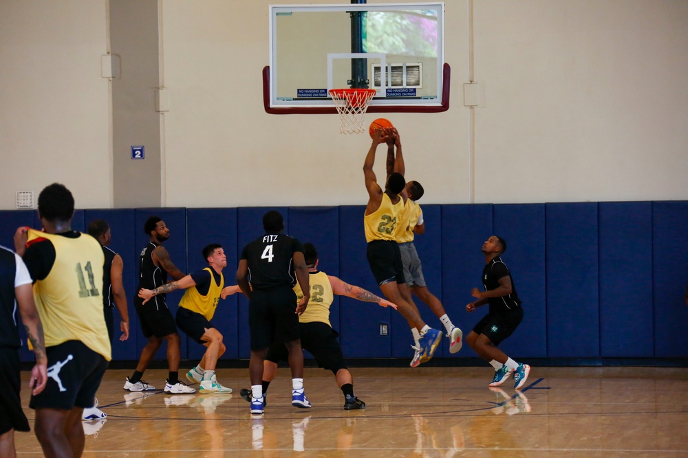 U.S. Navy Sailors from Abraham Lincoln, Fitzgerald participate in a basketball game during RIMPAC 2022