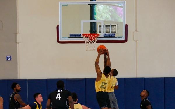 U.S. Navy Sailors from Abraham Lincoln, Fitzgerald participate in a basketball game during RIMPAC 2022